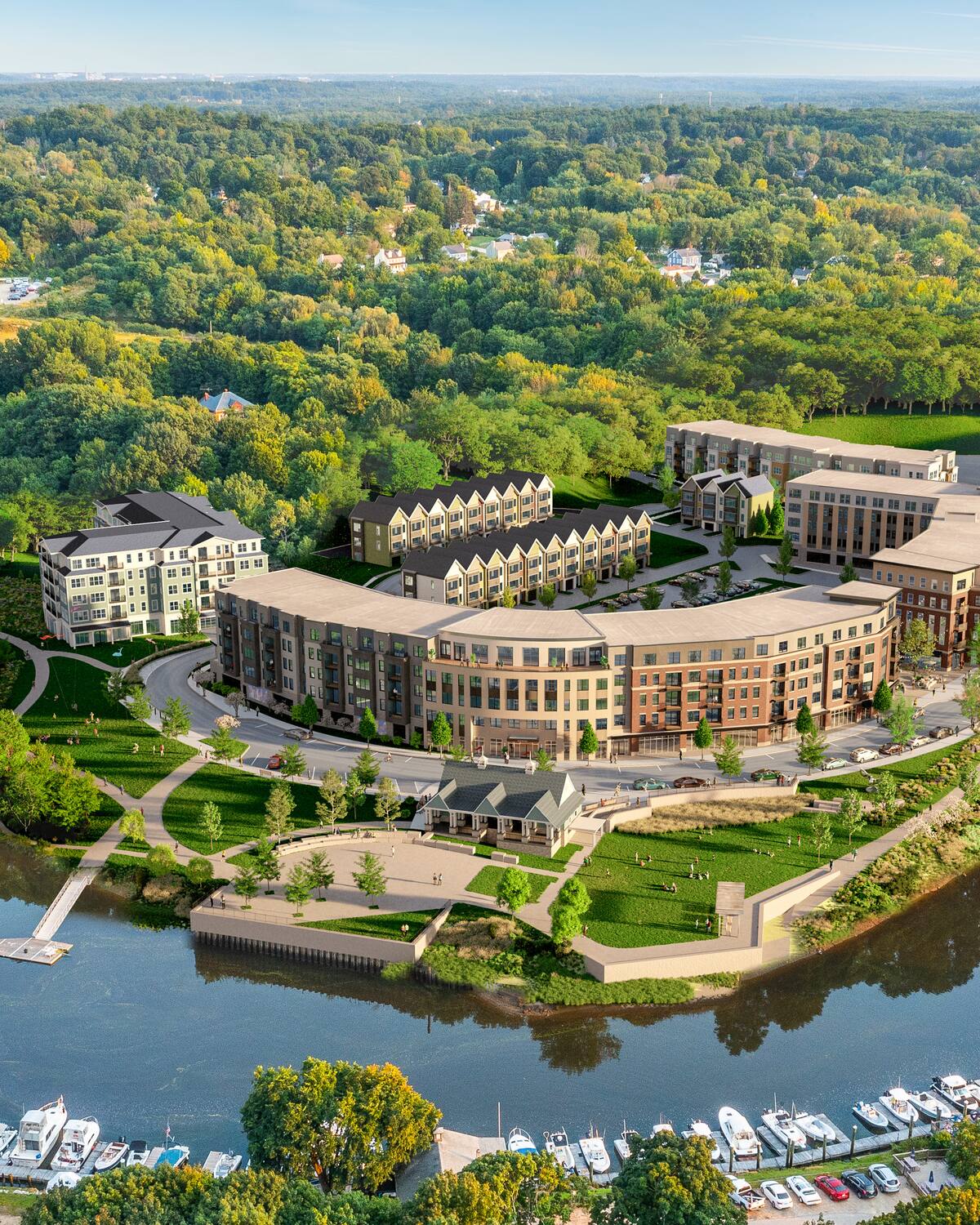 Aerial view of Rivelle and the Cochecho Waterfront District in Dover, New Hampshire, with Nebi Park and the river below. Artist's rendering.