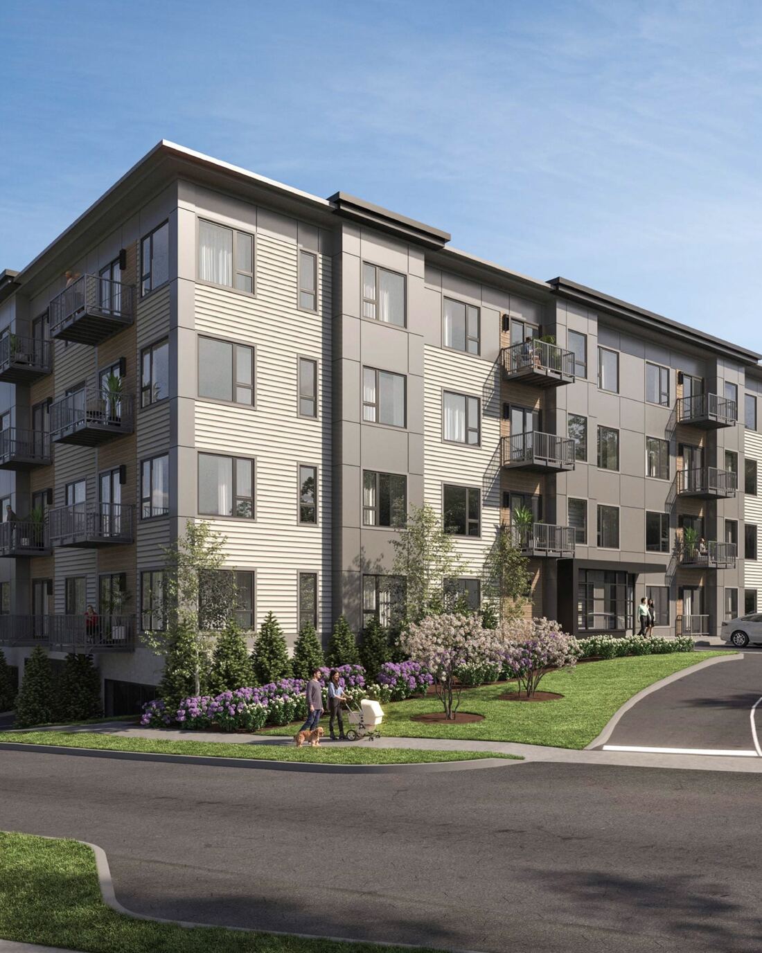 Exterior of Rivelle at 40 River Street, Dover, New Hampshire, with private balconies facing the Cochecho River. Artist's rendering.