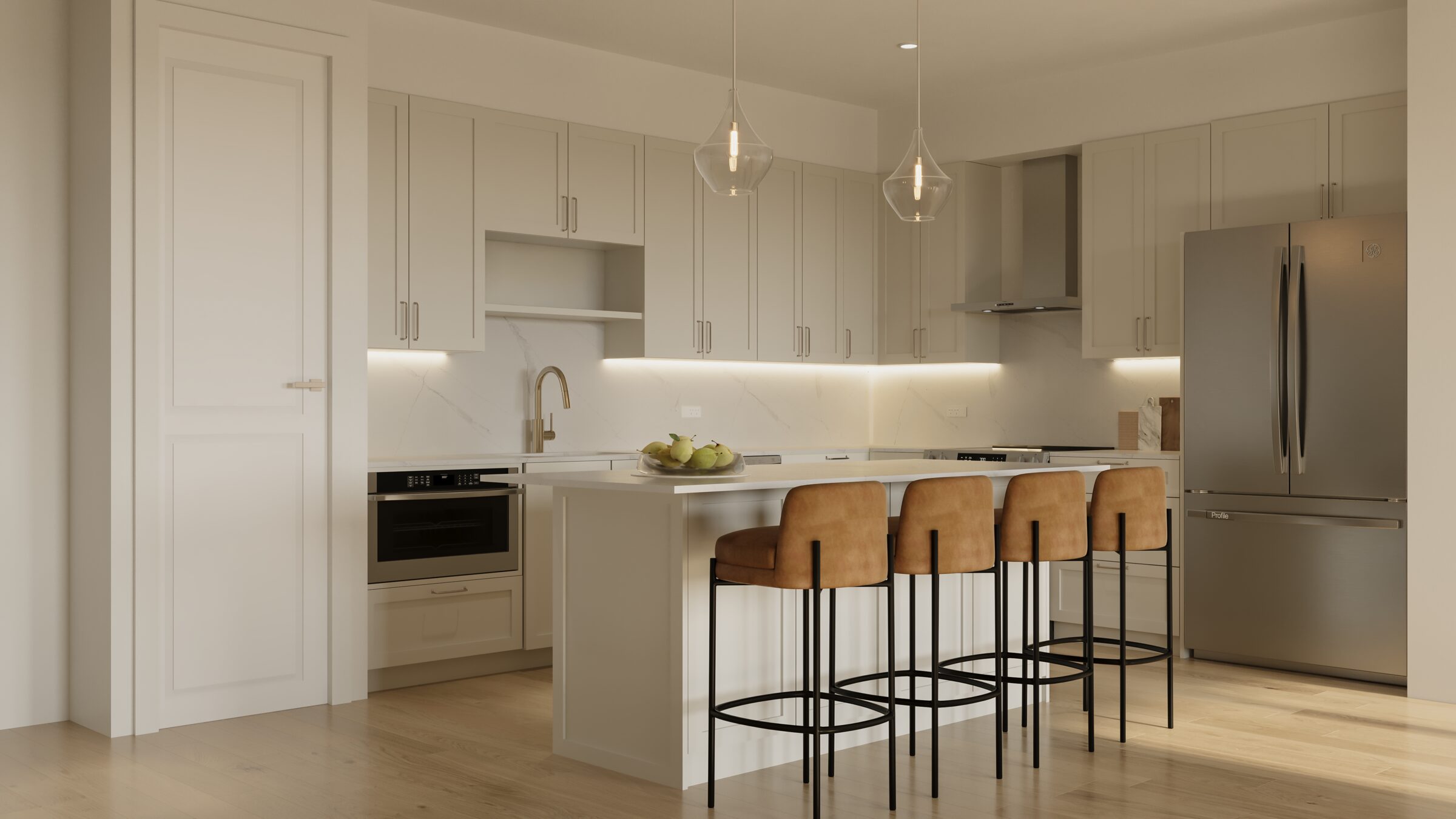 Kitchen in a Rivelle residence with Calacatta Venato quartz countertops, solid stone backsplash, and island seating. Artist's rendering.
