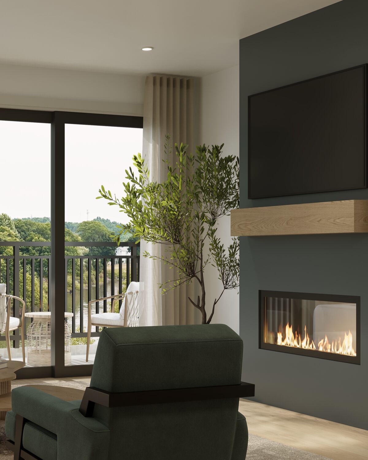 Living room in a Rivelle residence with a Heat and Glo gas fireplace, floating white oak mantel, and a private balcony overlooking the river. Artist's rendering.